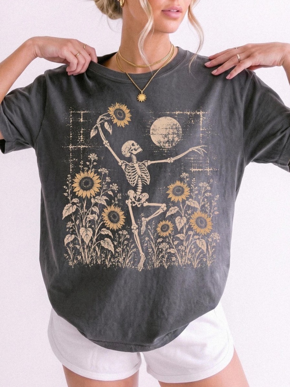 Comfort Colors Pepper Tee with Sunflower Skeleton Graphic